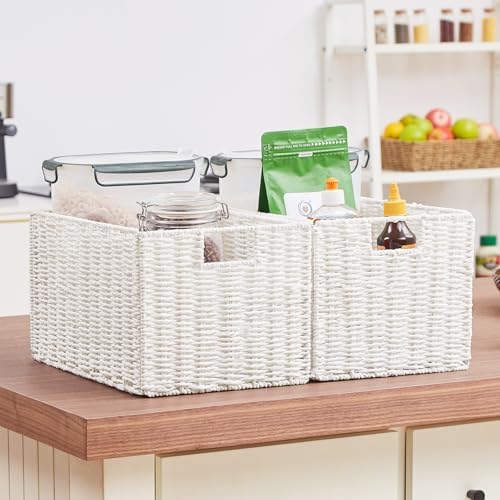 Vagusicc Wicker Storage Basket, Set of 2 Hand-Woven Paper Rope Wicker Basket, Large Storage Baskets for Organizing, Foldable Large Cube Storage Organizer Bins for Shelves (White) - Image 6