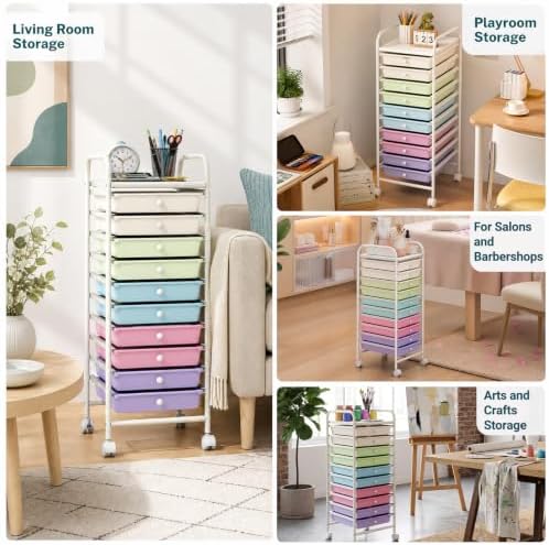 COSTWAY 10-Drawer Rolling Storage Cart, Ice Cream Colorful - Image 6