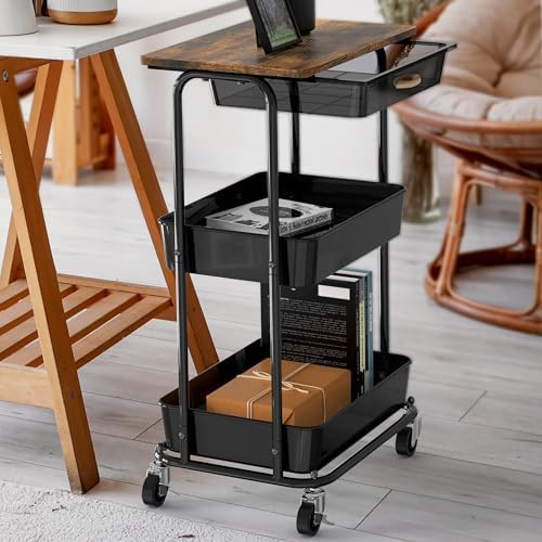 Simple Houseware 3-Tier Utility Cart with Drawer & Wood Top, Rustic Brown - Image 2