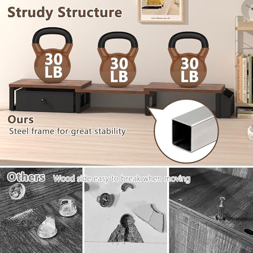 LAND·VOI Heavy Duty Dual Monitor Stand, Holds 2 Screens Up to 27 Inches, Adjustable Length and Angle Monitor Riser, Desk Organizer with Side Pockets and Drawers, Home Office Desk Storage, Rustic Brown - Image 2