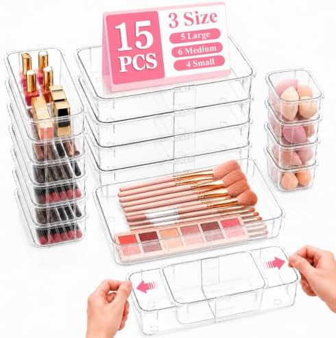15 PCS Extendable Drawer Organizer Set Clear Stackable Vanity Storage Bins by Unknown