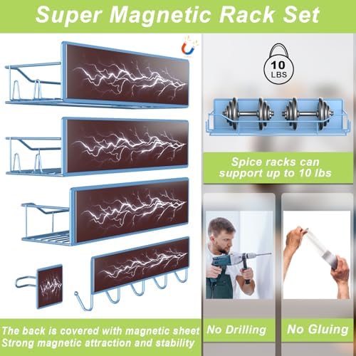 Magnetic Spice Rack for Refrigerator, 9 Pack Magnetic Fridge Shelves W/Adjustable Paper Towel Holder, Hook Rack, Moveable Spice Organizer Shelf for Kitchen Organization and Storage (Blue) - Image 3