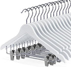 White Wooden Skirt Hangers with Clips 16Pack, Wooden Coat & Pants Hangers with Adjustable Metal Clips for Slacks, Jeans, Shorts, Jacket, Blouse, Clothes & Suit by HOU%C3%8DSMHOME