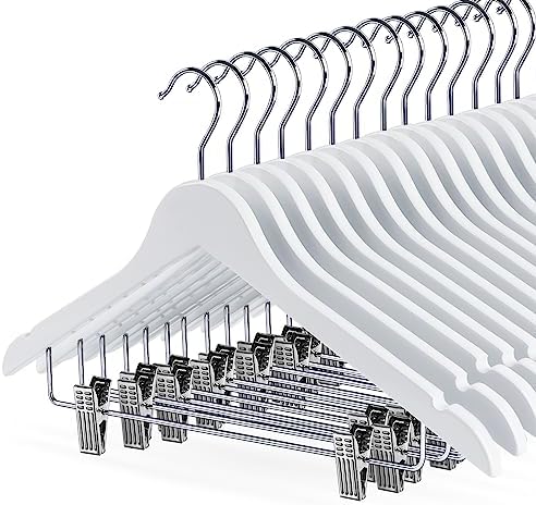 White Wooden Skirt Hangers with Clips 16Pack, Wooden Coat & Pants Hangers with Adjustable Metal Clips for Slacks, Jeans, Shorts, Jacket, Blouse, Clothes & Suit by HOU%C3%8DSMHOME