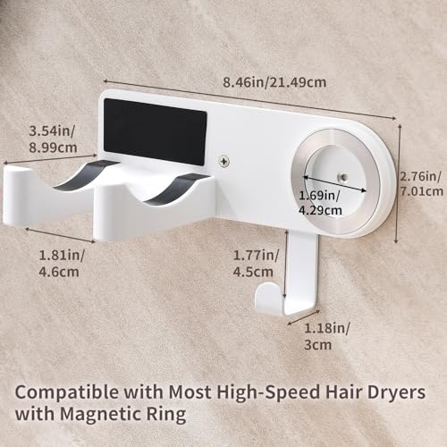 Hair Dryer Holder Wall Mounted, Hair Dryer Organizer Self Adhesive Compatible with Dyson Blow Dryer Holder Aluminum BlowDryer Holder Wall Mounted for Bathroom White - Image 6