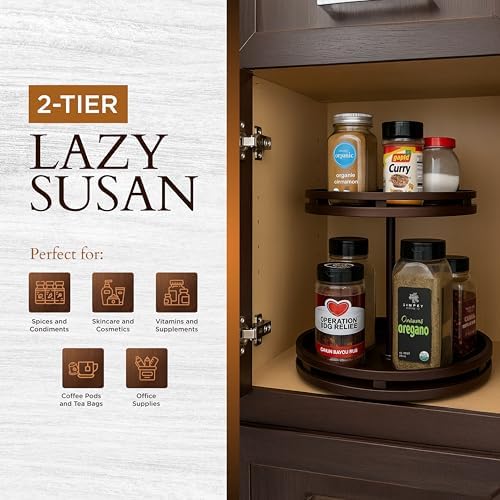 2 Tier Lazy Susan Organizer – 12" Bamboo Rotating Spice Rack Organizers with Adjustable Height Turntable for Cabinet, Pantry, Medicine Cabinet, Kitchen, Spinning Bathroom Counter Top Organizers - Image 6