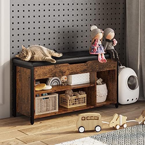 Shoe Bench, Lift Top Shoe Storage Bench, Adjustable Shelf Entryway Bench, Metal and Wood Shoe Rack Organizer with Cushion for Entry, Bedroom, Closet, Living Room, Hallway (Brown, 35.5“W) - Image 5