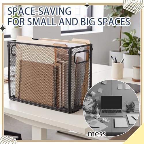 Zhengmy 2 Pcs Hanging File Organizer Letter Size File Holder Metal Mesh Filing Box Desktop Folder Letter Storage Cabinets Magazine Holder with Handles for Home Office School Document (Black) - Image 4