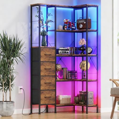 AFLUI 5-Tier Corner Bookshelf with LED Light Strips, 4 Fabric Drawers by Unknown