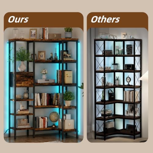 YOSHOOT L-Shaped Corner Bookshelf with LED Light Strips & Fabric Drawer, 5-Tier Industrial Convertible Book Shelf Freestanding Display Shelf for Living Room, Home Office, Bedroom (Rustic) - Image 4