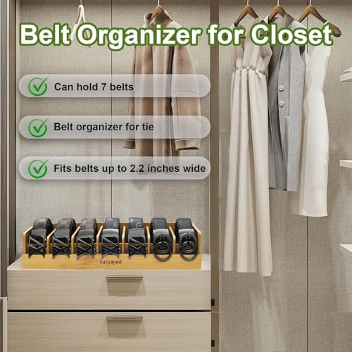 Belt Organizer, 7 Compartments Belt Organizer for Closet and Drawer, Bamboo Tie and Belt Storage Case, Belt Holder Box for Men/Women (Wooden, 7) - Image 3