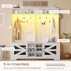 Itaar Hall Tree with Bench and Shoe Storage, 5-in-1 Entryway Bench with Coat Rack, 16 Shoe Cubbies & 12 Coat Hooks, Barn Door & Adjustable Shelf (Embossed White) - Image 3