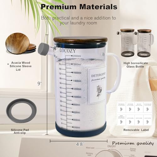 2-Pack 64oz Glass Laundry Detergent Dispenser with Acacia Wood Lid - Airtight Design, Dual oz/ml Scales | Laundry Room Organization & Storage for Fabric Softener, Beads, Powder, Bleach - Image 5