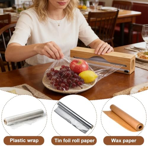 AHANDMAKER Wood Plastic Wrap Dispenser with Cutter Wall Mount Aluminum Foil Organizer for Kitchen Pantry Food Storage Cutting and Wrapping, Fits 13" Roll - Image 5