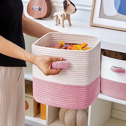 R RUNKA Storage Cube Baskets for Organizing 11 inch-3 Pack- Square Baskets for Cube Storage, Closet Storage Bins - Woven Cube Storage Bins for Shelves- Cube Drawer- Ideal for Toy Storage White & Pink - Image 5