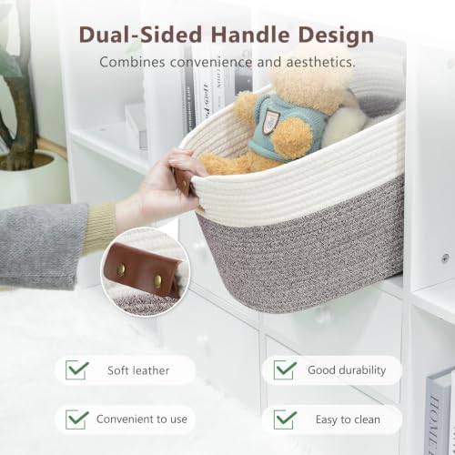 ECDYQXVU 15x10x9 Woven Cotton Rope Storage Basket, Leather Handles 2 Pack - Image 6