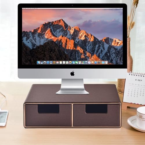 Linen Leather Desk Organizer and monitor stand with Drawers－Mini Desktop Drawer Organizer Stackable－Tabletop Organization Storage Box for Office Supplies Home Vanity Toiletries (Brown, 2-drawers) - Image 2