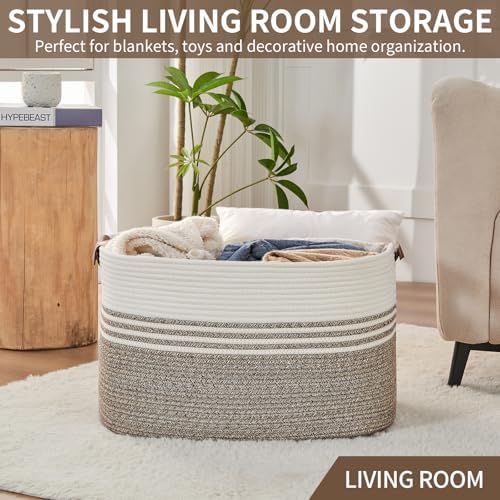 Laundry Hamper with Handles, 72L Rope Laundry Basket, Rice Brown & White - Image 7