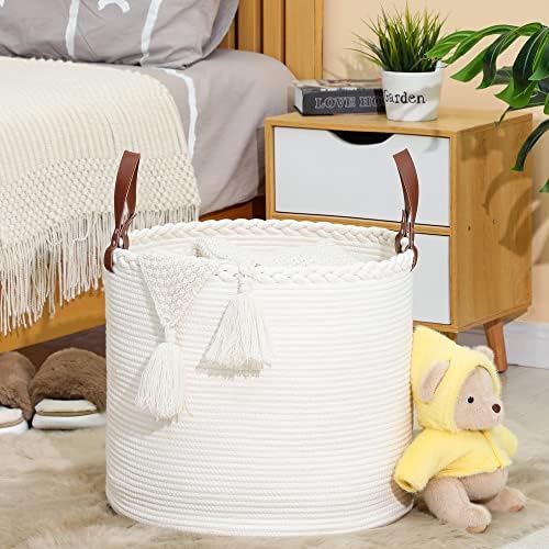 KAKAMAY Large Blanket Basket (18"x16"),Woven Baby Laundry Hamper,Cotton Rope Blanket Basket for Nursery, Laundry, Living Room, Pillows, Baby Toy chest with Leather Handles (White) - Image 4