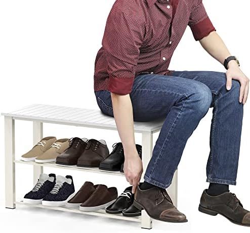 Simple Houseware Wooden Top Shoe Rack Bench for Entryway, White - Image 4
