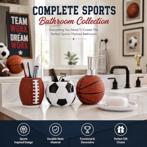 4-Piece Sports Bathroom Accessories Set Complete with Basketball Lotion/Soap Dispenser,Soccer Bath Cup/Tumbler,Base Ball Soap Dish,Football Toothbrush Holder - Image 4