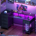Korfile 47 Inch Computer Gaming Desk with Power Outlets & LED Lights Reversible Home Office Desk with Adjustable 5 Fabric Storage Drawers for Working Writing Study, Carbon Fiber Black - Image 3