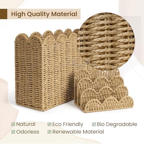 AELS Hand Woven Scalloped Basket Set of Mail Organizer and Magazine Holder, Coastal Style Mail Holder and Floor Magazine Rack, Boho Modern Farmhouse Book Basket Newspaper Bill Mail Sorter for Office - Image 4