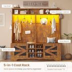 Itaar Hall Tree with Bench and Shoe Storage, 5-in-1 Entryway Bench with Coat Rack, 16 Shoe Cubbies & 12 Coat Hooks, Barn Door & Adjustable Shelf (Rustic Brown) - Image 3