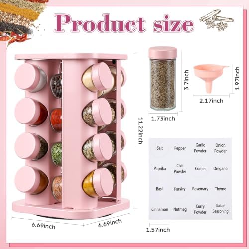 Yungyan Pink Square Rotating Spice Rack with 16 Empty Jars and Labels - Image 4