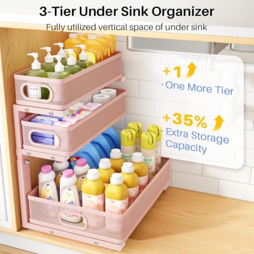 Under Sink Organizer, 3-Tier Thickened Metal Pull out Cabinet Organizer Shelf, Height Adjustable Slide out Storage Drawer Rack for Kitchen Bathroom Pantry Laundry Home Organization, 1-Pack, Pink - Image 3