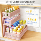 Under Sink Organizer, 3-Tier Thickened Metal Pull out Cabinet Organizer Shelf, Height Adjustable Slide out Storage Drawer Rack for Kitchen Bathroom Pantry Laundry Home Organization, 2-Pack, Pink - Image 3