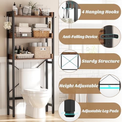 Ecoprsio Over-The-Toilet Storage Rack, 3-Tier Bathroom Organizer Shelf Over Toilet, Freestanding Space Saver Toilet Stands with 4 Hooks, Rustic Brown - Image 5