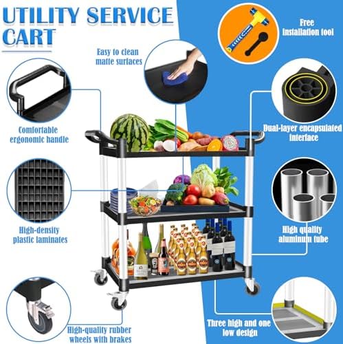 Utility Carts with Wheels, Rolling Kitchen Cart, 3 Tier Cart, Food Service Cart, Restaurant Kitchen Cart, Plastic Heavy Duty Cart for Office Business, 510lbs 16.9" D x 31.5" W x 37.8" H - Image 5