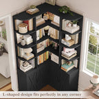 FINETONES 74" Tall Corner Bookshelf, Black Bookshelf with Doors - Image 4
