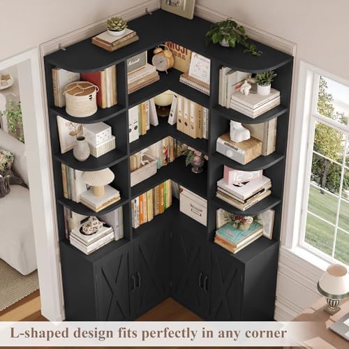 FINETONES 74" Tall Corner Bookshelf, Black Bookshelf with Doors - Image 4