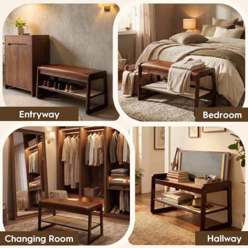 Shoe Rack Bench, 2-Tier Bamboo Entryway Bench 27.5"L, Orange Leather - Image 7