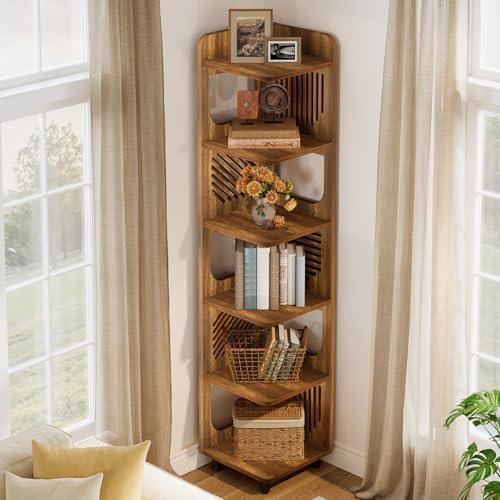 Tribesigns 6-Tier Corner Bookshelf, Tall Narrow Corner Shelf Bookcase with Hollow Design, Farmhouse Skinny Display Shelf for Living Room, Bedroom, Small Space, Yellow - Image 6