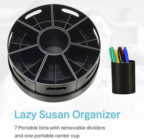 Black Rotating Desk Organizer with Dividers Lazy Susan Caddies for Home School Office Supplies, Pens, Markers and Art Supplies for Classroom - Image 4