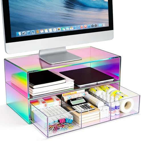 Gelite Acrylic Computer Monitor Stand for Desk Monitor Riser with Drawer Desktop Monitor Shelf with Storage, Iridescent by Gelite
