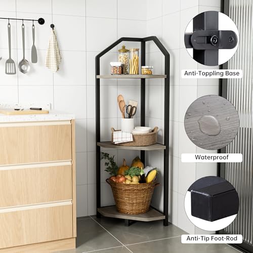 Fun Memories 3 Tier Corner Shelf, 40” Corner Shelf Stand, Corner Bookshelf Plant Stand, Storage Shelf for Bathroom, Living Room, Kitchen,Grey Home Office, Grey - Image 4
