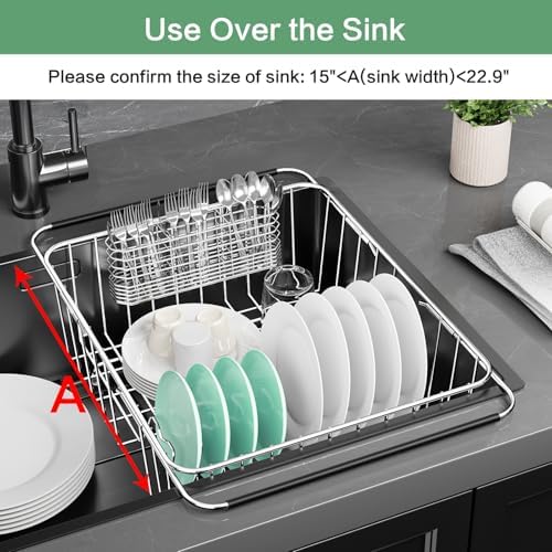 Fanbsy Large Dish Drainer Rack in Sink Adjustable, Expandable 304 Stainless Steel Metal Dish Drying Rack Organizer with Stainless Steel Utensil Holder Over Inside Sink Counter, Rustproof - Image 3