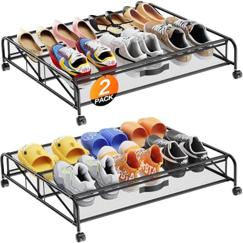 Under Bed Shoe Storage Organizer, 2 Pack Under Bed Storage Containers with Wheels for Under Bed Shoe Organizer Drawer Space Saving for bedroom by LeArex