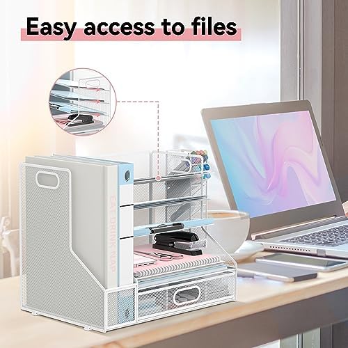 Desk Organizer with 5 Tier File Holder and Sliding Drawer Pen Holder White - Image 3