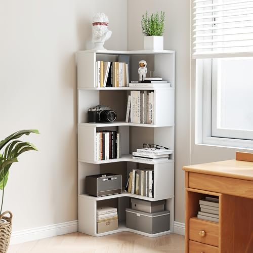 6-Tier L-Shaped Corner Bookshelf, 63" Tall Freestanding Wood Grain Corner Bookcase with Safety Baffle, Space-Saving Corner Shelf Storage for Living Room, Bedroom, Home Office, White - Image 5