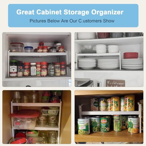 4 Pack Kitchen Cabinet Shelves Organizers, Kitchen Counter Storage Shelf Spice Rack, Expandable Length, Adjustable Height, Stackable, Sturdy 30LBS Bearing, Small Cupboard Tabletop Organizer Shelf Rack - Image 7