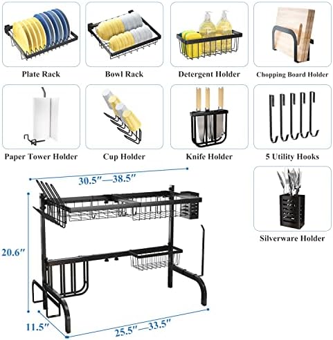 Over The Sink Dish Drying Rack, Adjustable 25.5-33.5 in, 2-Tier, Black - Image 6