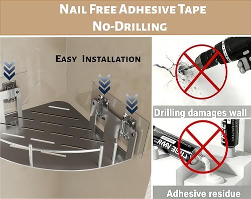 Corner Shower Caddy, Stainless Steel 304, Integrated Molding Bathroom Shelves, Wall Mounted Shower Organizer with Nail Free Adhesive, Suit for Corner Storage Racks in Bath Kitchen(2 Pack) - Image 6