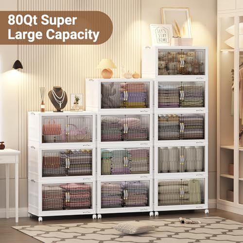 BROVIEW 400Qt Stackable Storage Bins with Lid, Extra Large Closet Organizer Collapsible Drawer Boxes with Wheels, Folding Plastic Cabinet Containers for Home Kitchen Room Organization, 5Pack White - Image 6