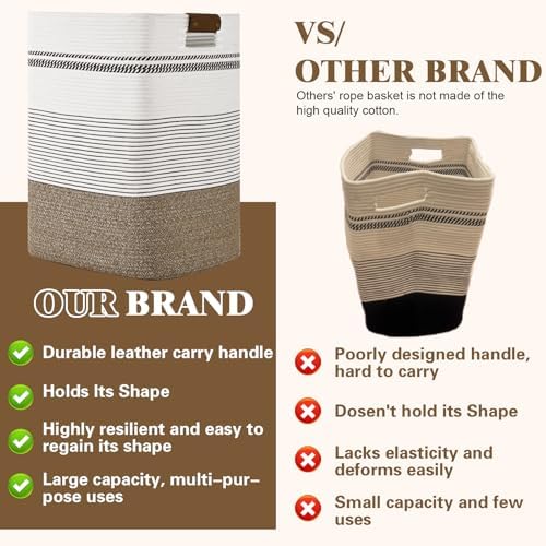Laundry Hamper, 85L Tall Laundry Basket with Leather Handles, Rectangle Large Clothes Hamper for Organizing, Cotton Woven Laundry Baskets Storage Hampers for Bedroom, Nursery, Living Room - Image 5
