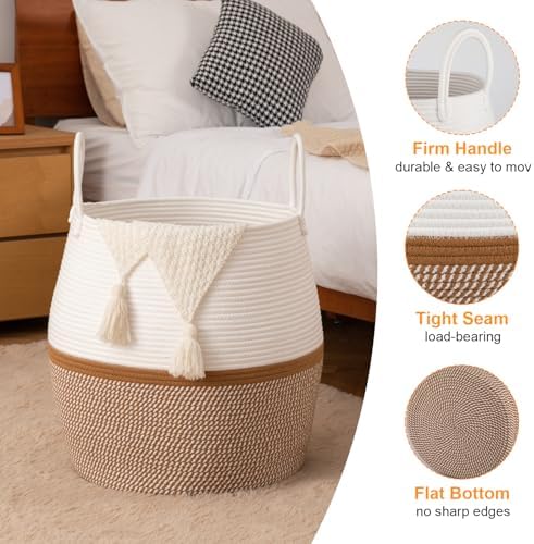 OIAHOMY 80L Blanket Basket with Handle, Storage Basket for Living Room, Laundry Hamper for Clothes, Towels, Pillows, Toy Storage for Kids and Dogs, Baby Hamper for Nursery - Brown & White - Image 3